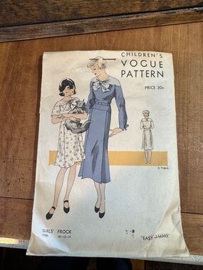 Vintage Vogue Girls' Pattern — Blue Long-Sleeve Frock & Cream Printed Dress